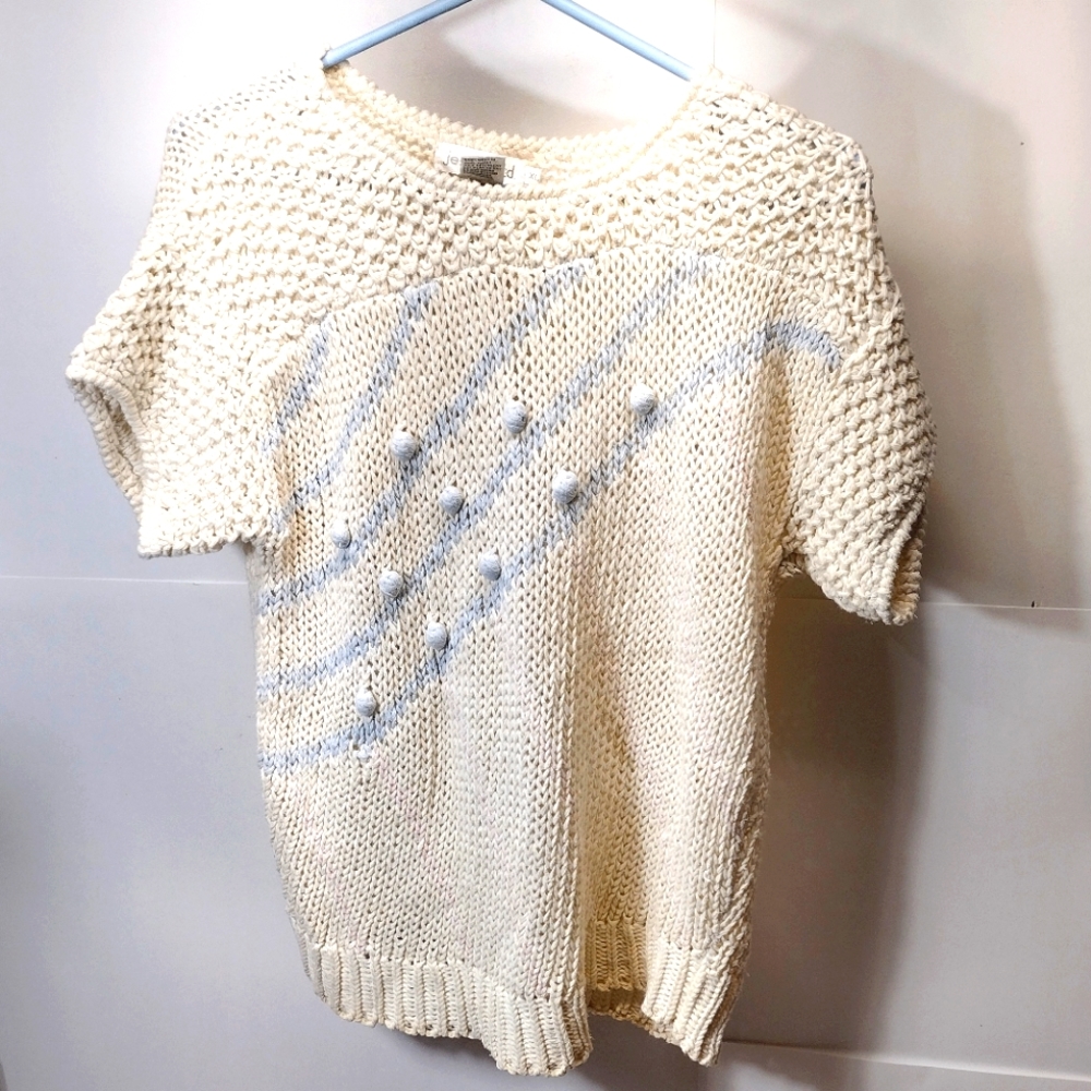 Cream Crocheted Jessica Ltd. Pullover Short Sleeve Sweater l Cover Up